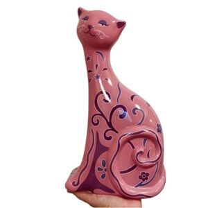 Vintage bombay pink & purple Ceramic Sitting Cat Figure Piggy Bank floral